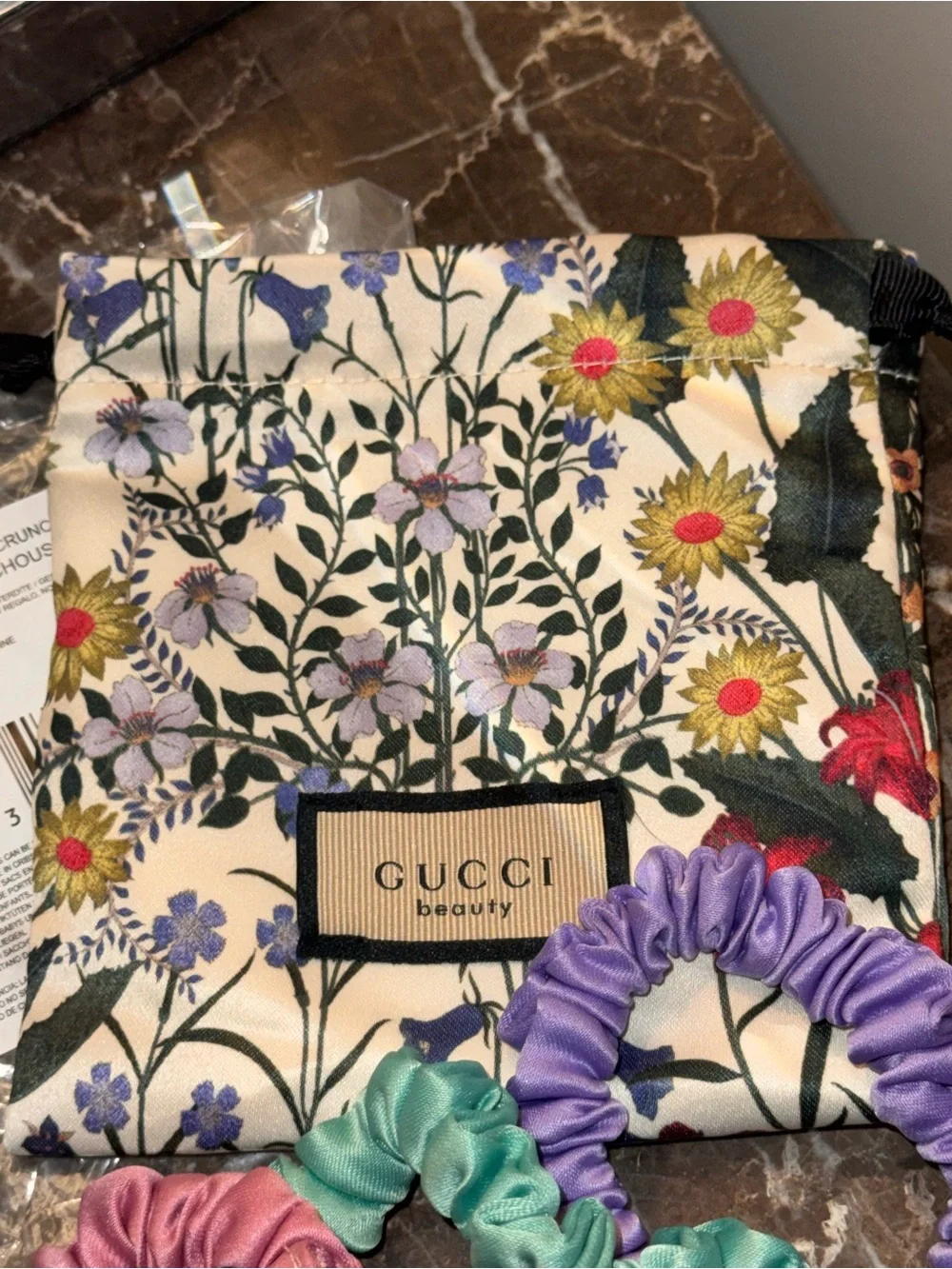 Gucci pastel scrunchie set with floral pouch - pink, mint, lavender